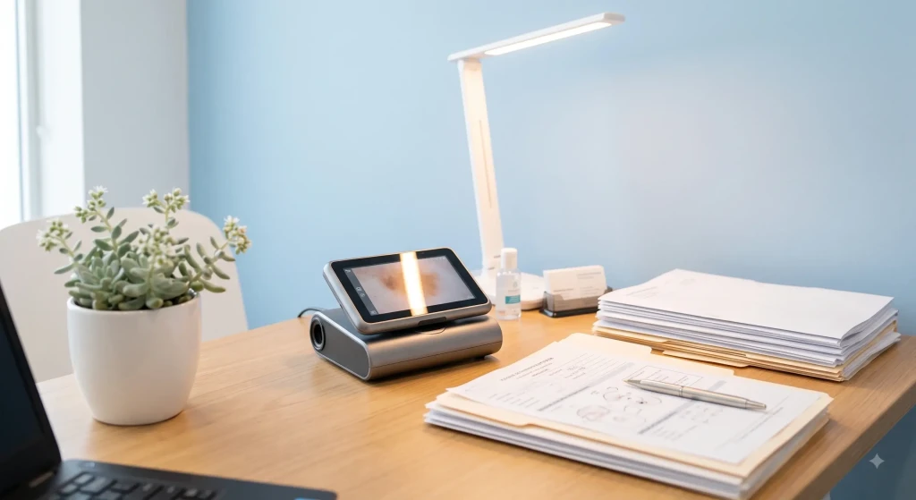 Modern Dermatology Desk: Digital Dermatoscope and Medical Charts