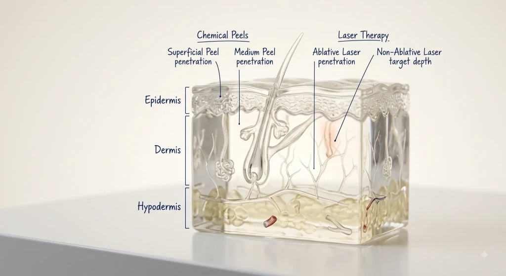 Glass Anatomical Model: Skin Layers and Treatment Penetration Depth